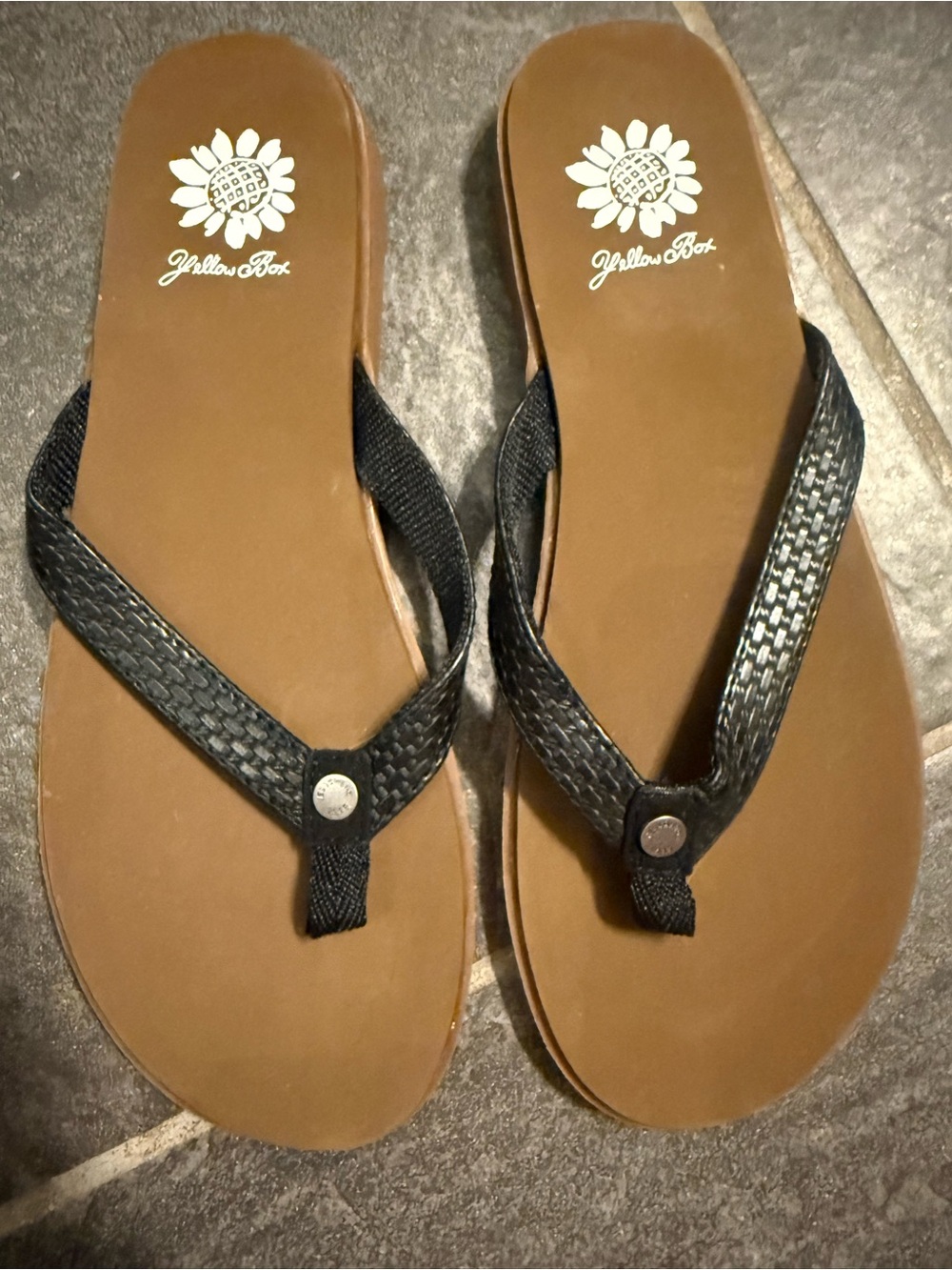 Yellow Box Black Braided Thong Sandals with Brown Footbed